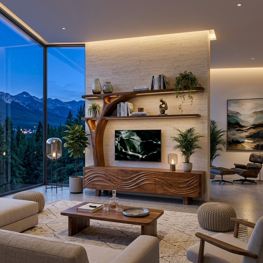 Luxury Wood TV Cabinet With Sculptural Open Shelving For Interior