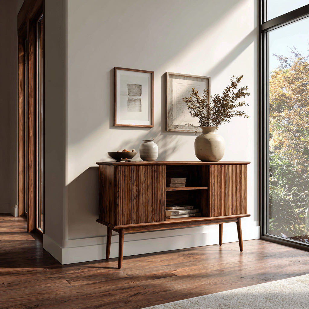 Organic Wooden Fluted Console Table For Entryway
