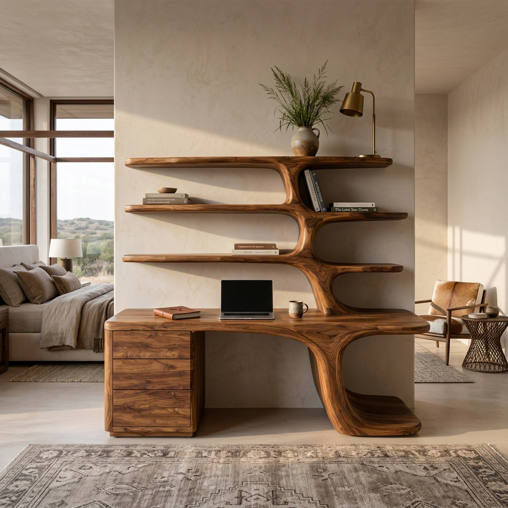 Modern Wood Desk With Built In Bookshelves For Workspace