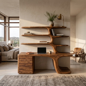Modern Wood Desk With Built In Bookshelves For Workspace