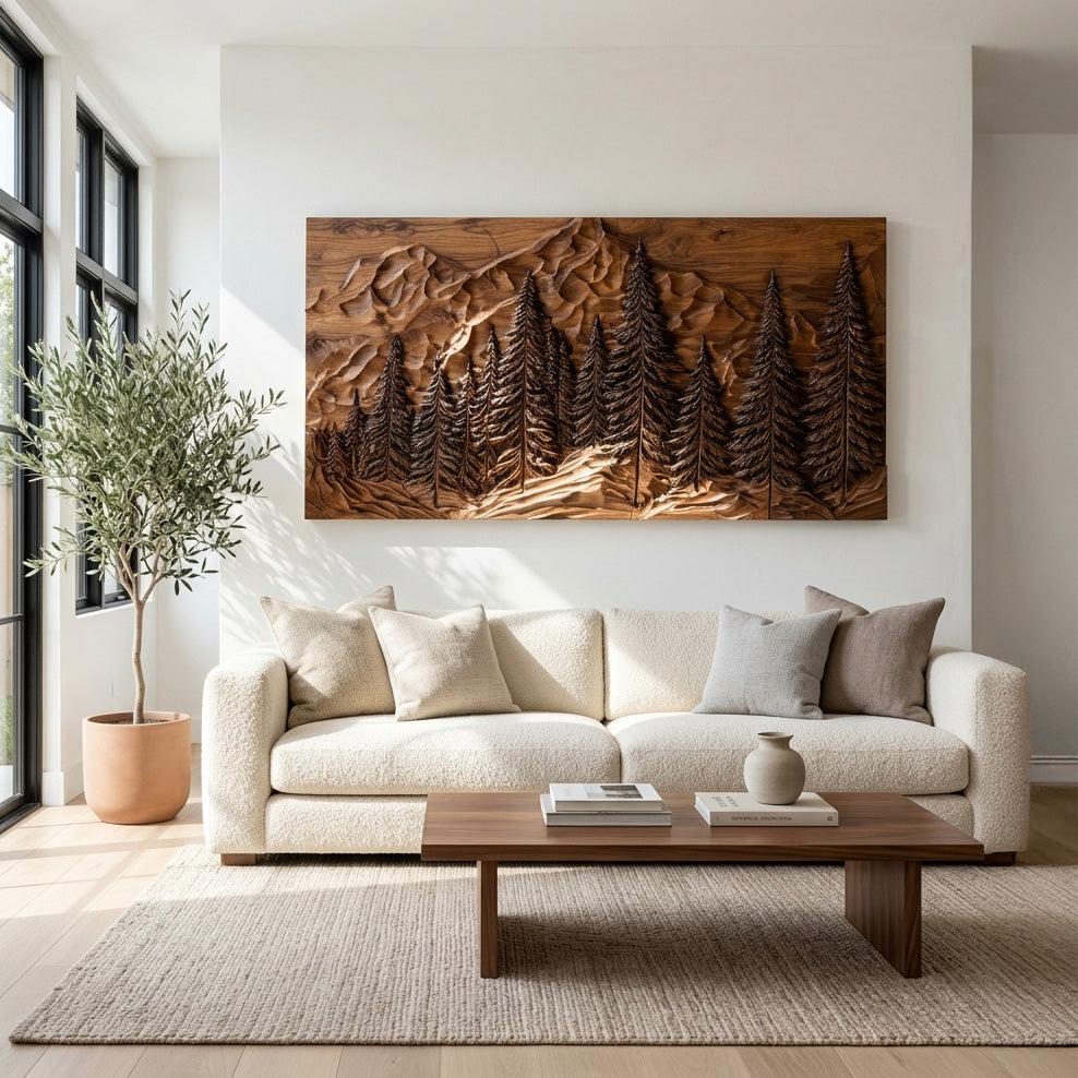 Rustic Forest Mountain Wood Wall Art For Living Room Decor
