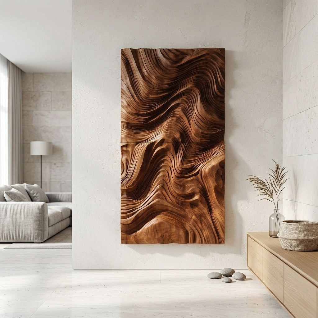 Contemporary Wave Carved Texture Wood Wall Art For Entryway
