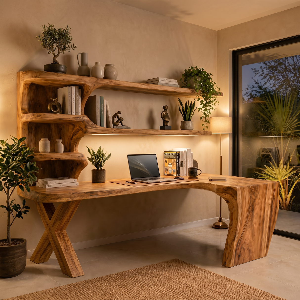 Contemporary Wood Desk With Curved Bookshelves For Home Office