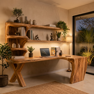 Contemporary Wood Desk With Curved Bookshelves For Home Office