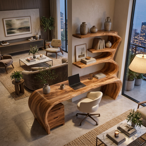 Sculptural Wooden Desk With Rounded Edges For Home Office