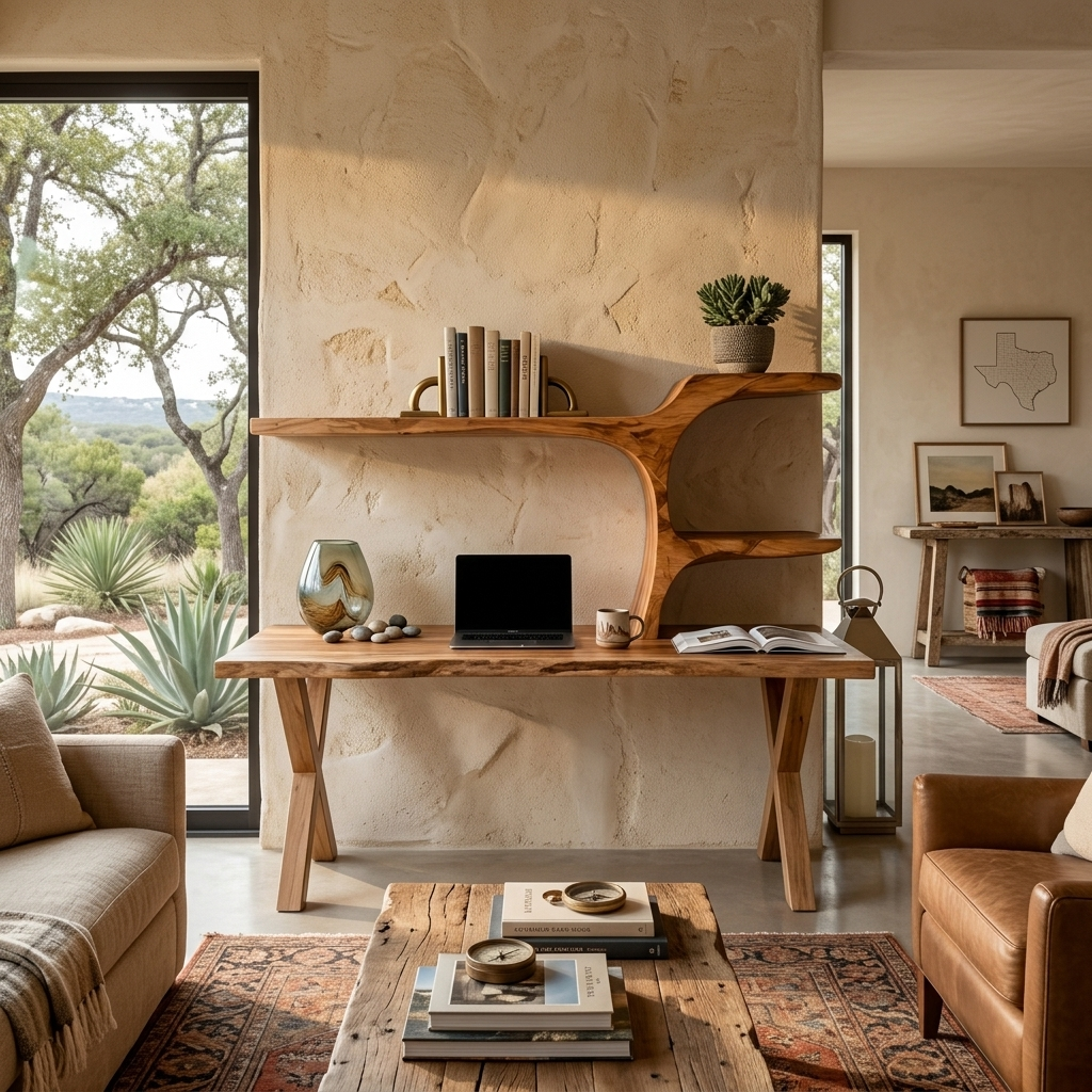 Organic Sculptural Wood Desk With Integrated Bookshelf For Home Office
