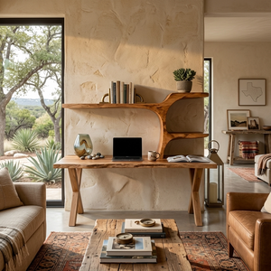 Organic Sculptural Wood Desk With Integrated Bookshelf For Home Office