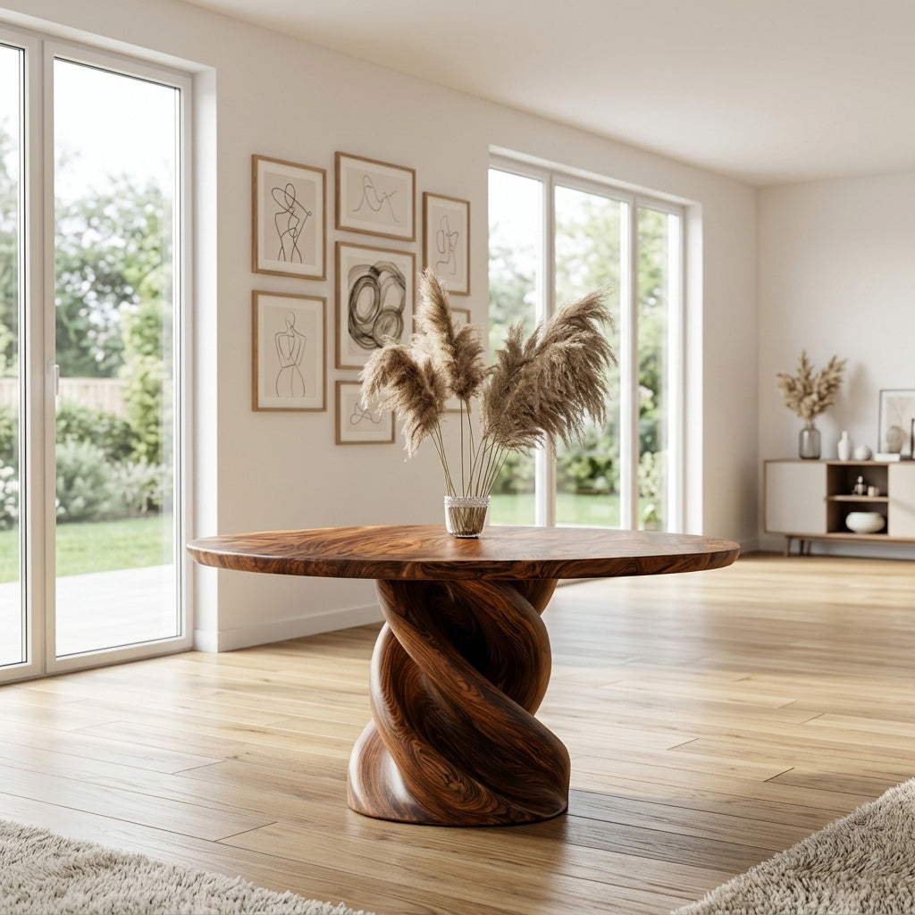 Organic Twisted Pedestal Round Wood Dining Table For Breakfast Nook
