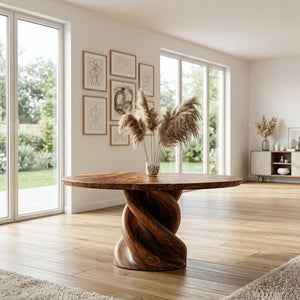 Organic Twisted Pedestal Round Wood Dining Table For Breakfast Nook