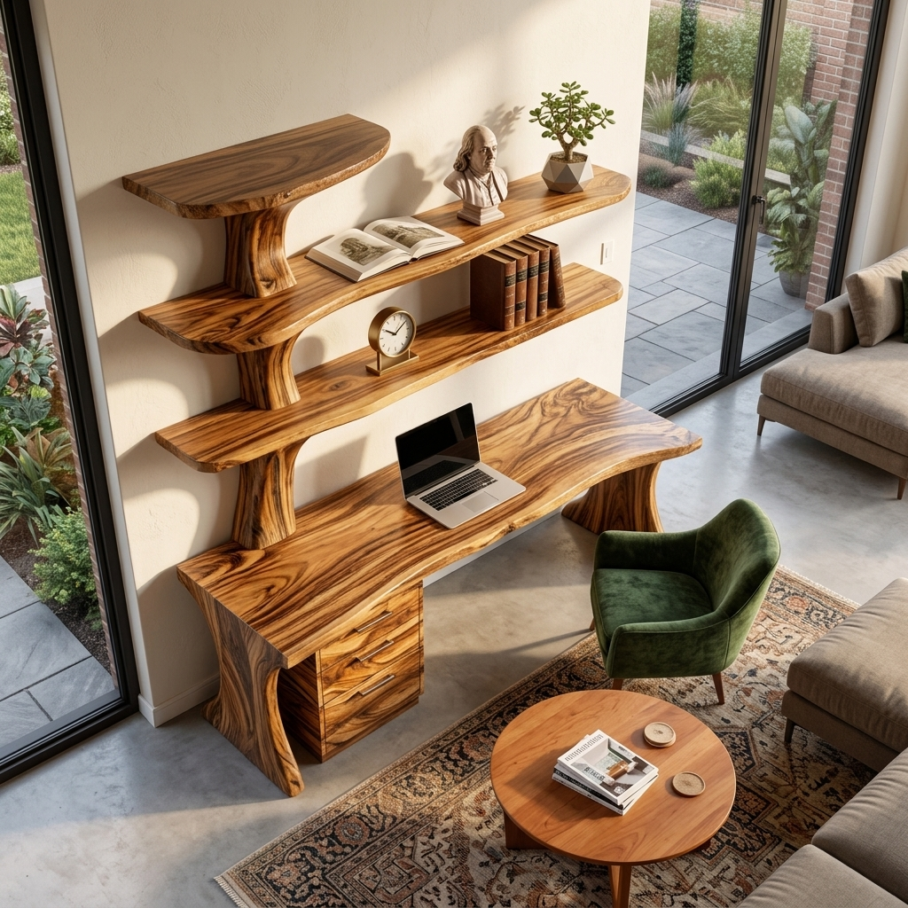 Modern Wooden Desk With Built In Bookshelves For Office Decor