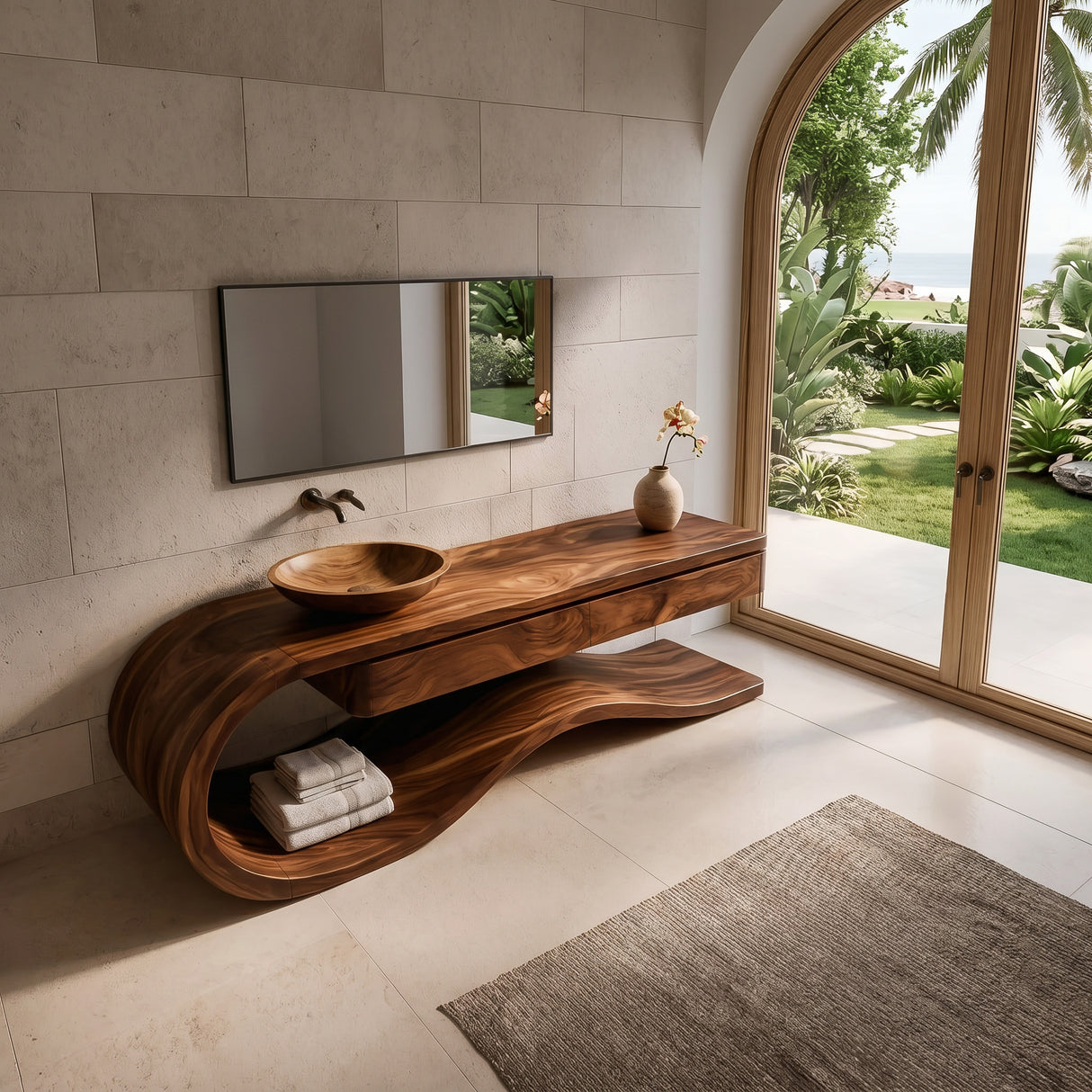 Organic Wooden Bathroom Vanity With Flowing Structure For Bathroom