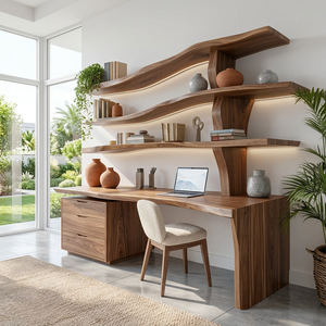 Wooden Desk With Curved Bookshelves And Drawers For Luxury Workspace