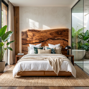 Modern Live Edge Wood Headboard For Warm Minimalist Bedroom