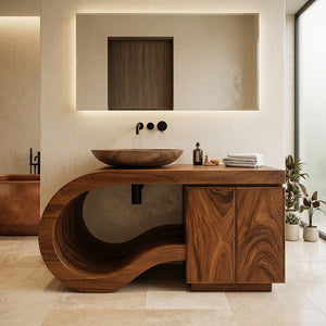 Modern Wooden Bathroom Vanity With Curved Pedestal For Bathroom