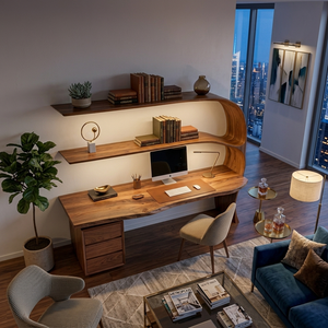 Organic Desk With Curved Shelf And Drawer For Study Room