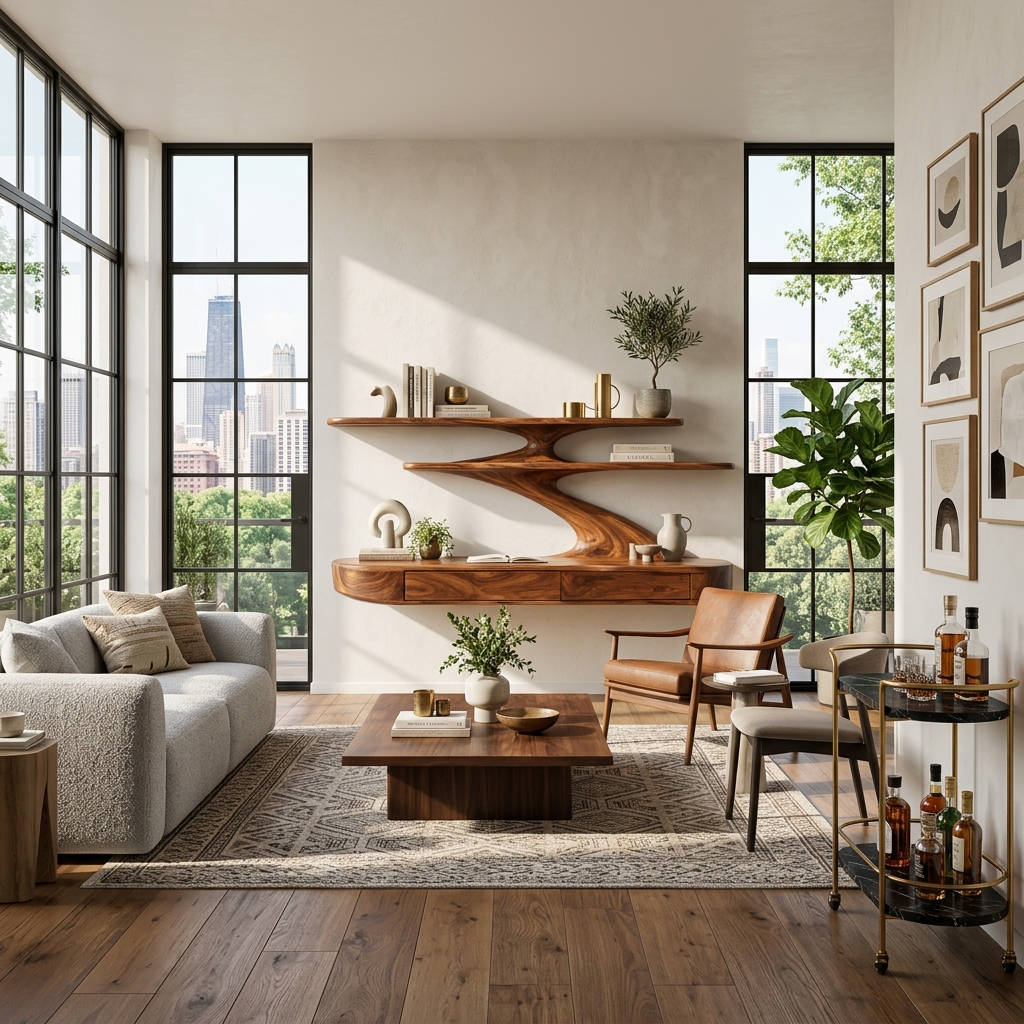 Floating Wooden Desk With Curved Upper Shelf Frame For Workspace