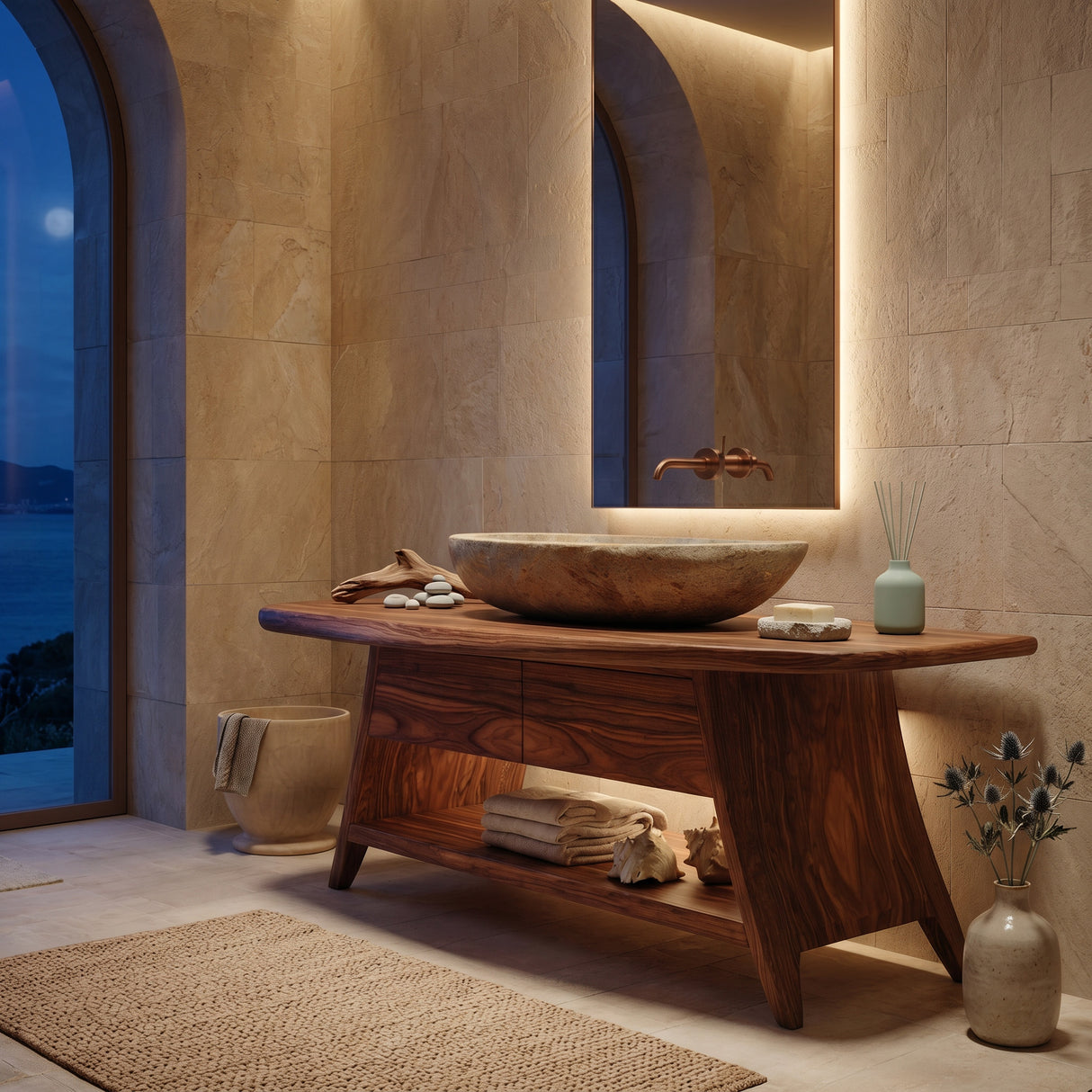 Organic Wood Bathroom Vanity With Open Storage For Bathroom