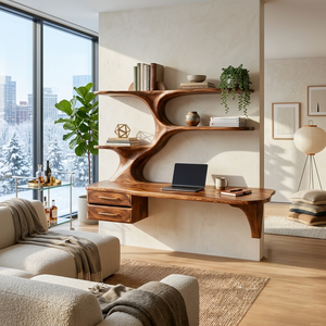 Organic Wooden Floating Desk With Branch Bookshelves For Home Office