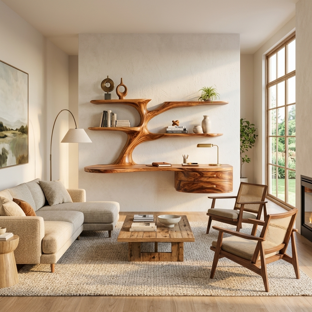 Rustic Wooden Desk With Sculptural Shelving And Drawer For Workspace