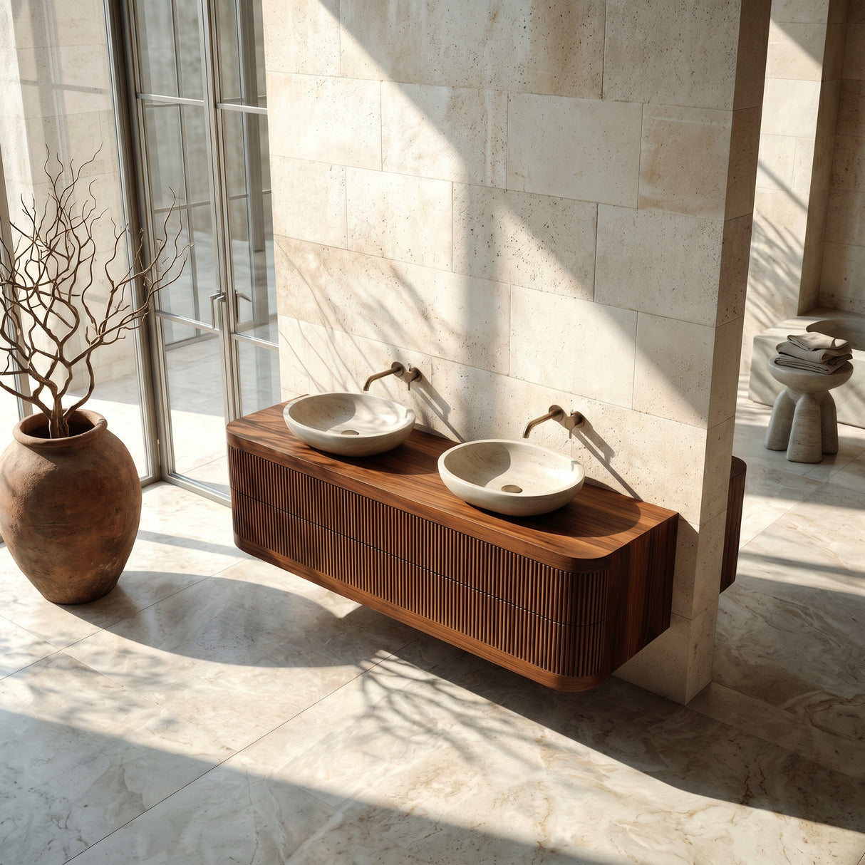 Contemporary Wooden Floating Bathroom Vanity With Fluted Front For Bathroom