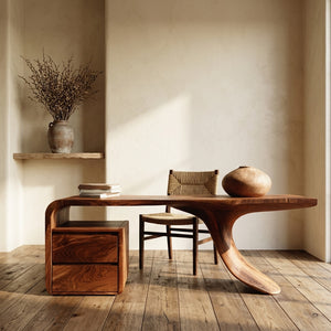 Modern Wooden Desk With Unique Curved Base For Workspace