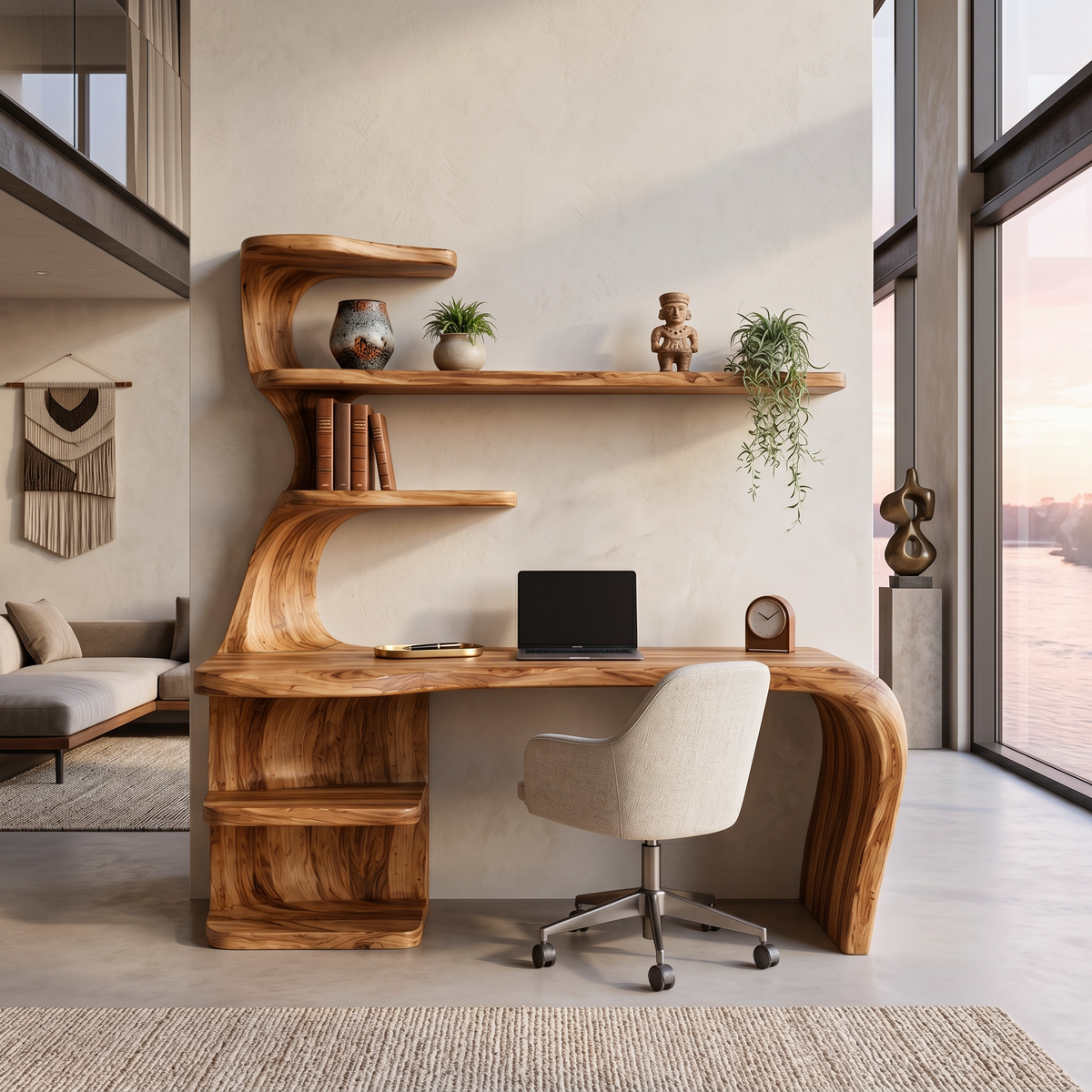 Wooden Desk With Built In Bookcase For Contemporary Workspace