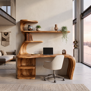 Wooden Desk With Built In Bookcase For Contemporary Workspace