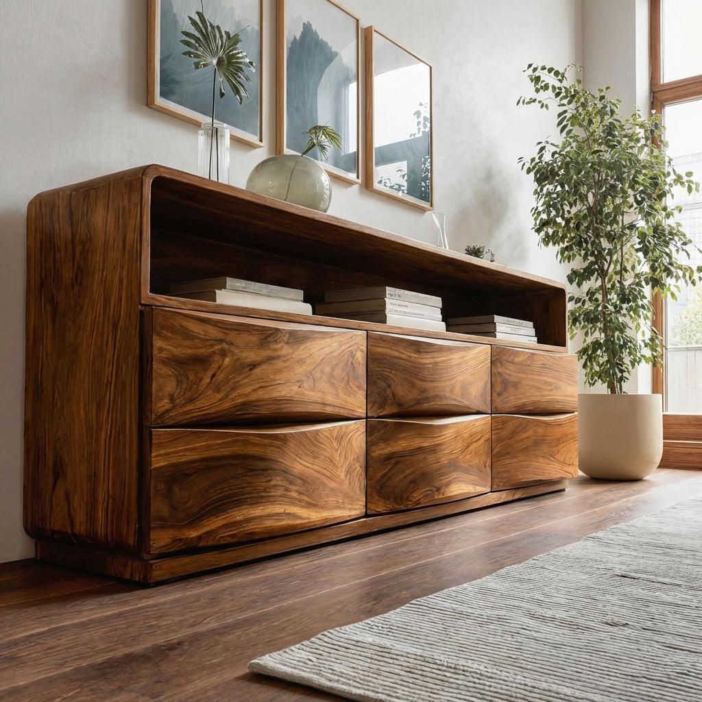Mid Century Wooden Sideboard With Drawers For Living Room