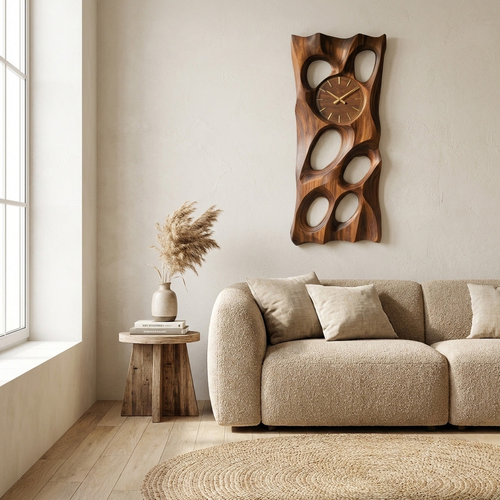 Wooden Wall Clock With Openwork Design For Living Room
