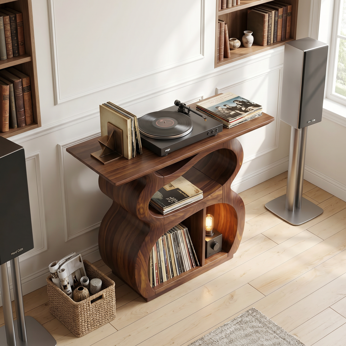 Mid Century Turntable Stand With Drawer Storage Interior