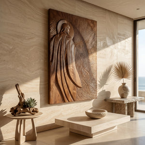 Contemporary Wooden Wall Art With Carved Figure For Living Room