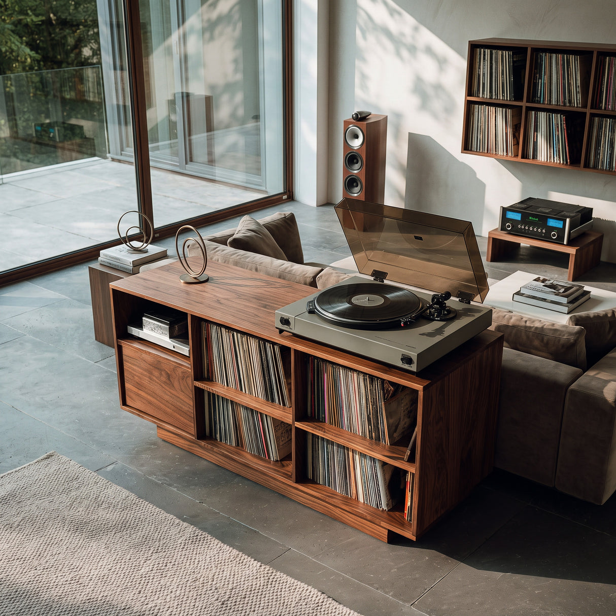 Elegant Vinyl Record Cabinet With Open Compartments For Living Room