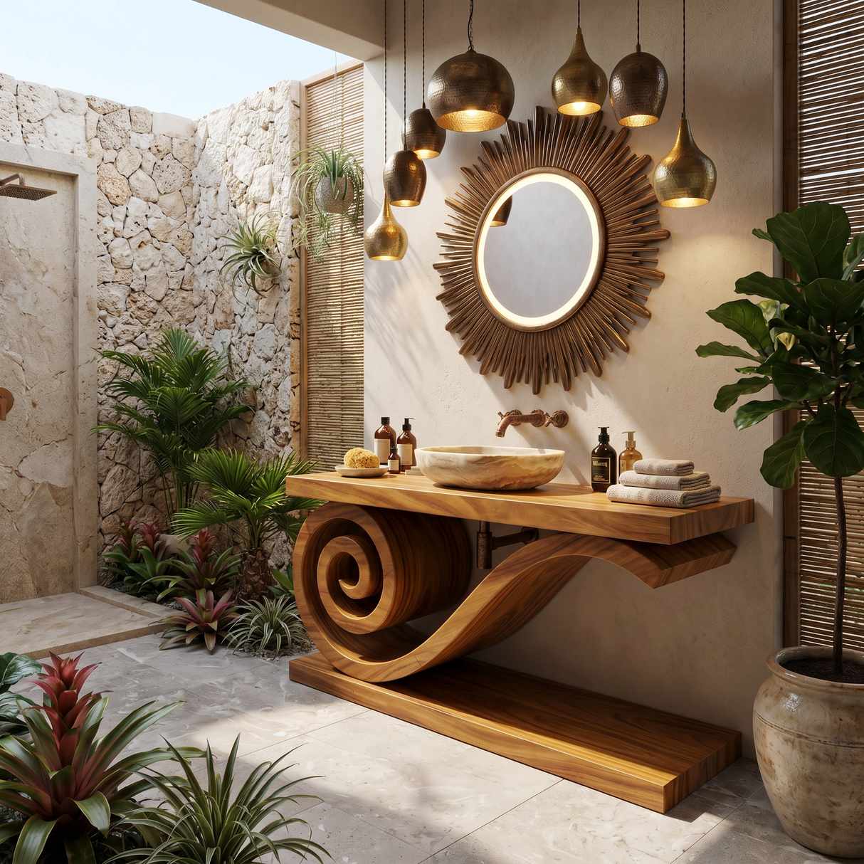 Sculptural Monkeypod Wood Vanity With Vessel Sink Luxury Bathroom
