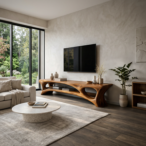 Organic Wood TV Stand With Open Shelf For Living Space