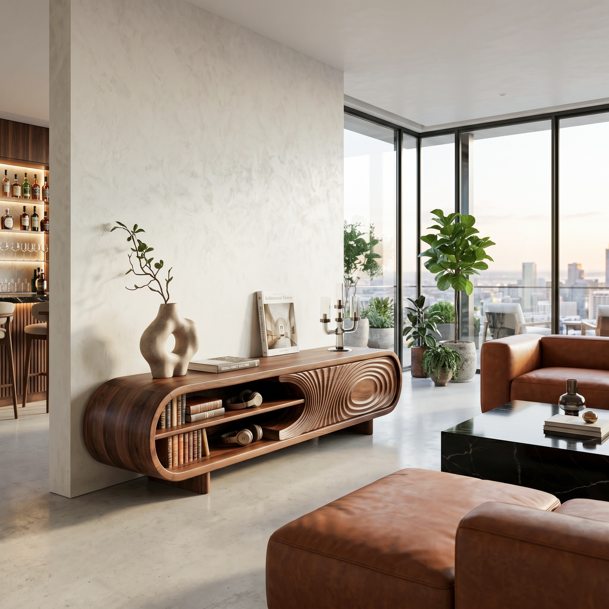 Modern Sculptural Wood TV Stand With Carved Door For Living Room
