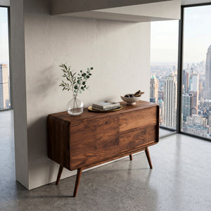 Mid Century Rounded Console Table With Compartments For Living