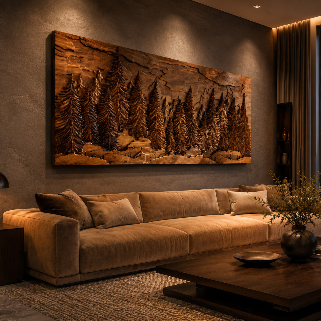 Hand Carved Wall Art With Forest Landscape For Living Room
