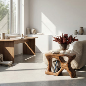 Minimalist Sculptural Wood Side Table With Organic Shape And Storage For Modern Living Room