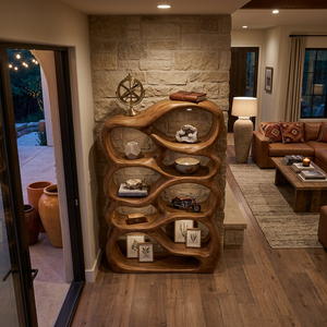 Handcrafted Bookshelf With Curved Open Compartments For Living Room