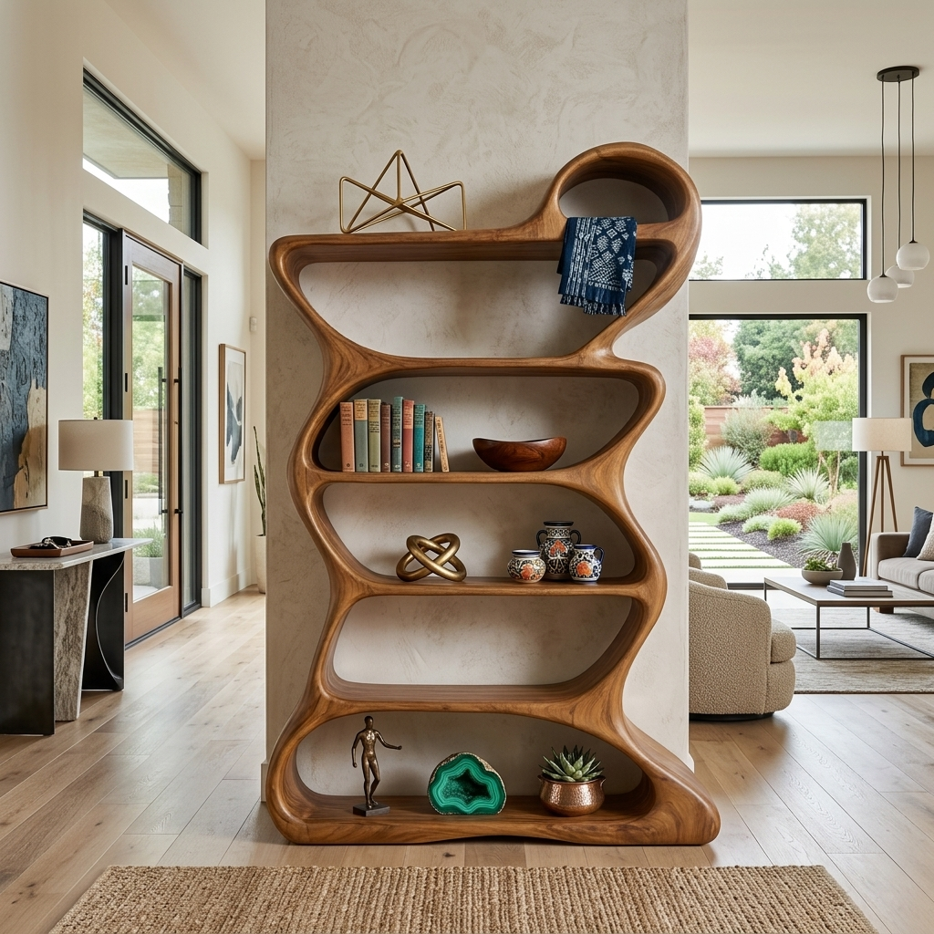 Wooden Bookshelf With Flowing Sculptural Silhouette For Living Room