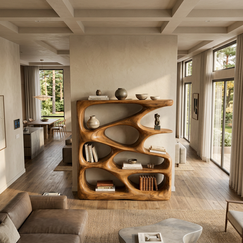 Designer Wooden Bookshelf With Sculptural Shelves For Decorative Accents