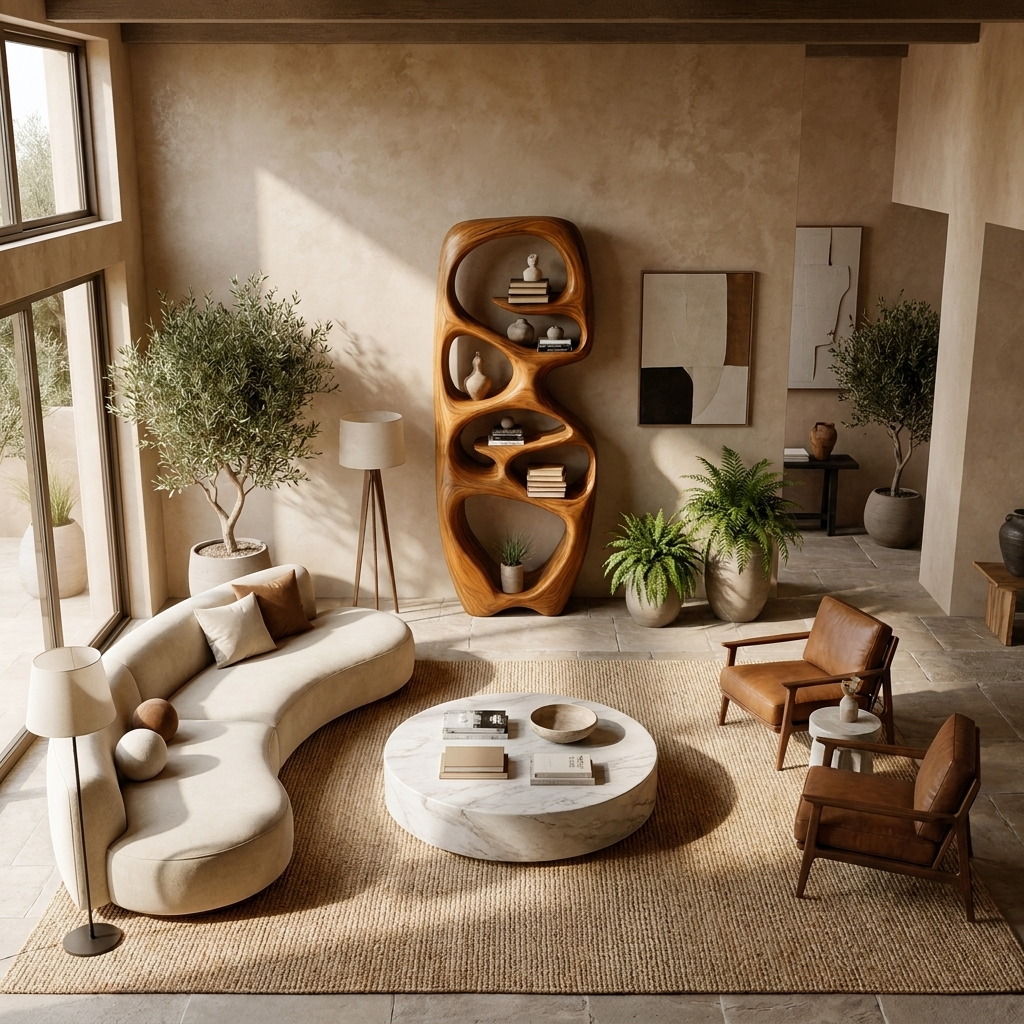 Contemporary Wooden Bookshelf Fluid Sculptural Design For Living Room