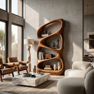 Nature Inspired Wooden Bookshelf With Organic Form For Contemporary Living