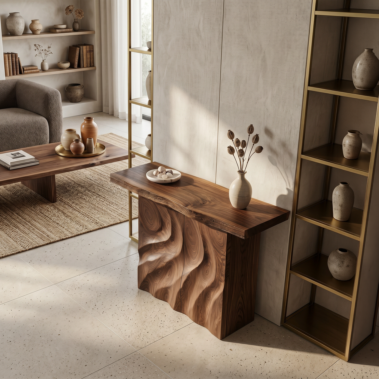 Mid Century Sculpted Base Console Table For Reception Area