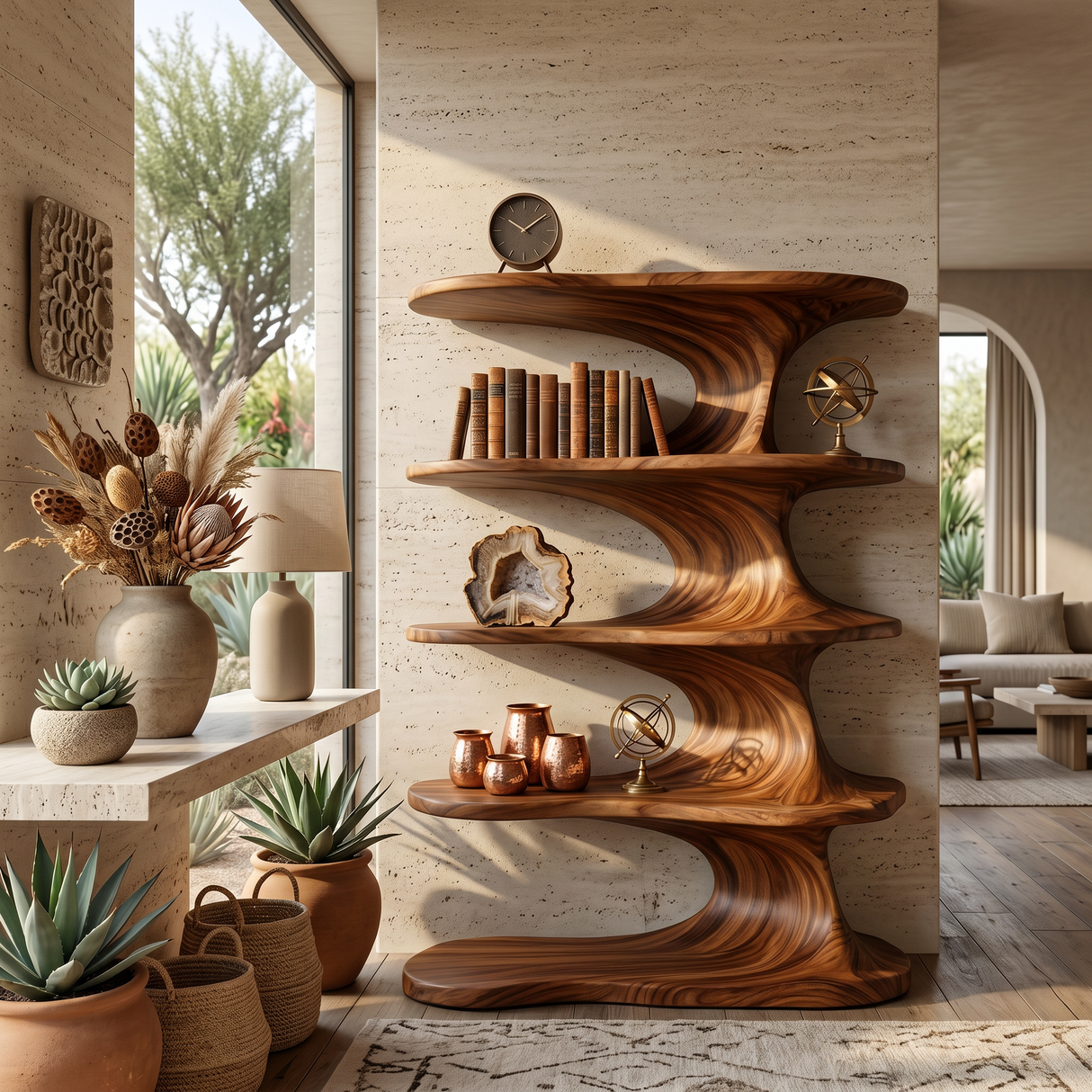 Modern Wooden Bookshelf With Flowing Organic Lines For Living Room