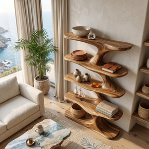 Natural Wood Bookshelf With Decorative Open Shelving For Living Room
