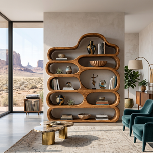 Curved Wooden Bookshelf With Display Shelves For Living Furniture