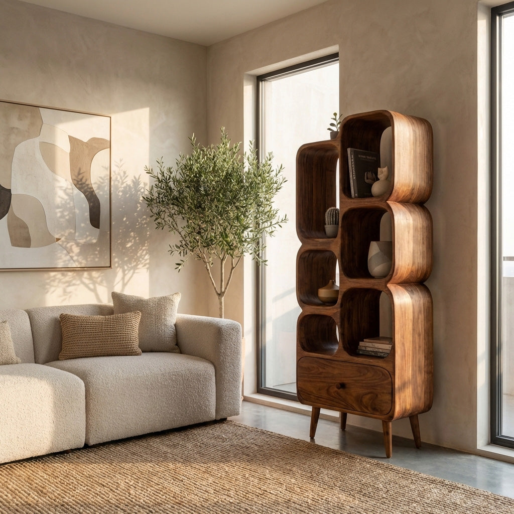 Modern Wood Bookshelf With Open Compartments For Living Decor