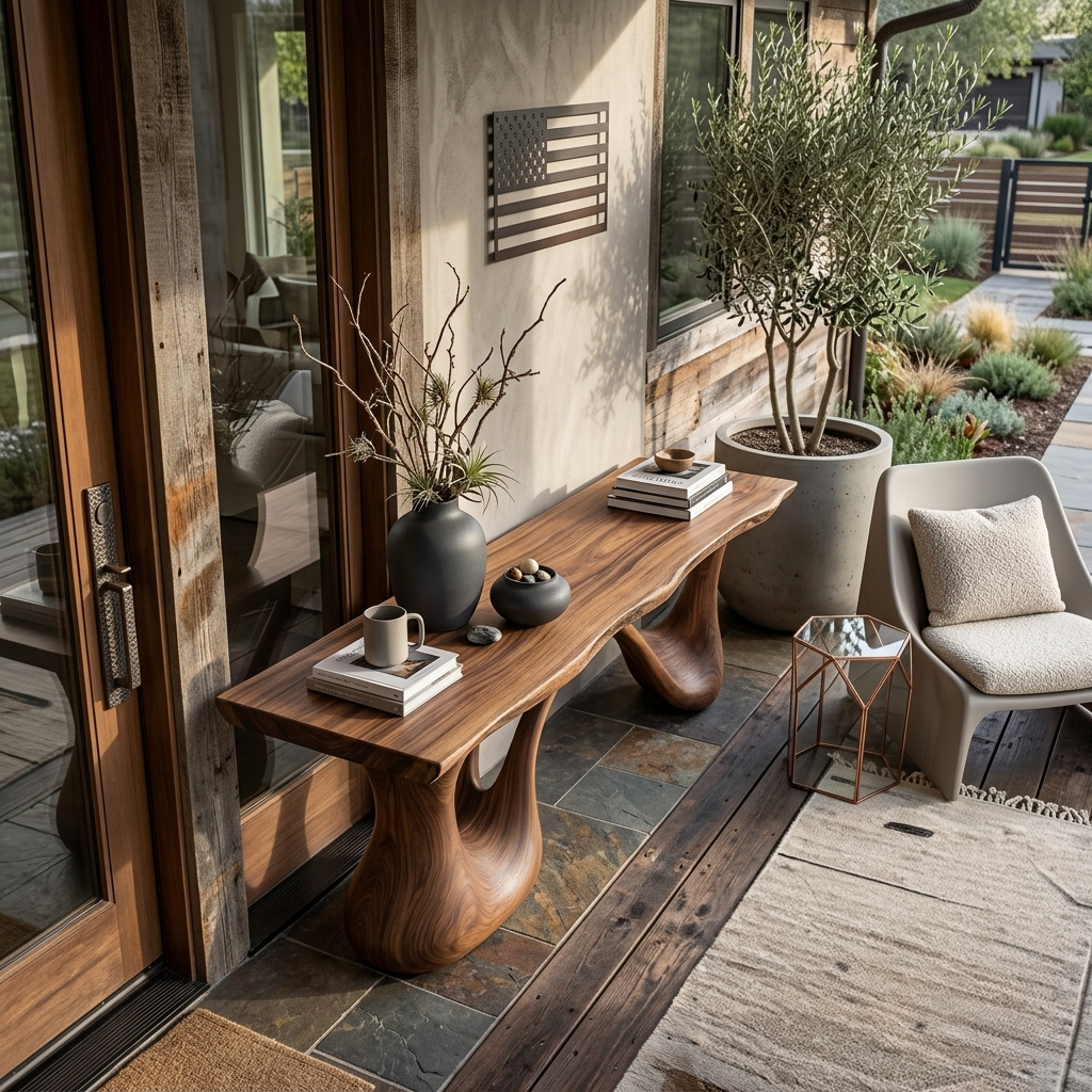 Organic Wooden Bench With Undulating Sculptural Base For Home Furniture