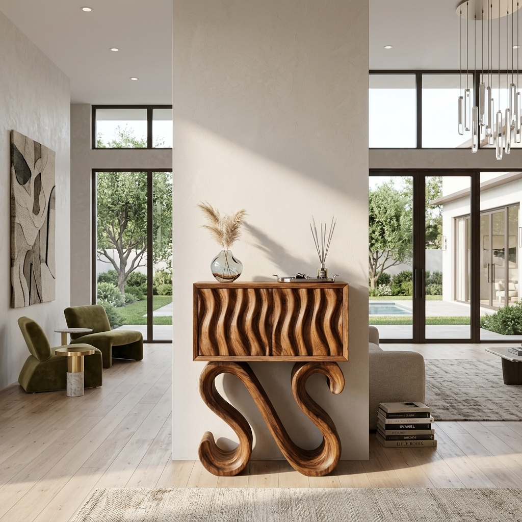 Contemporary Wood Console Table With Sculptural Undulating Legs For Home